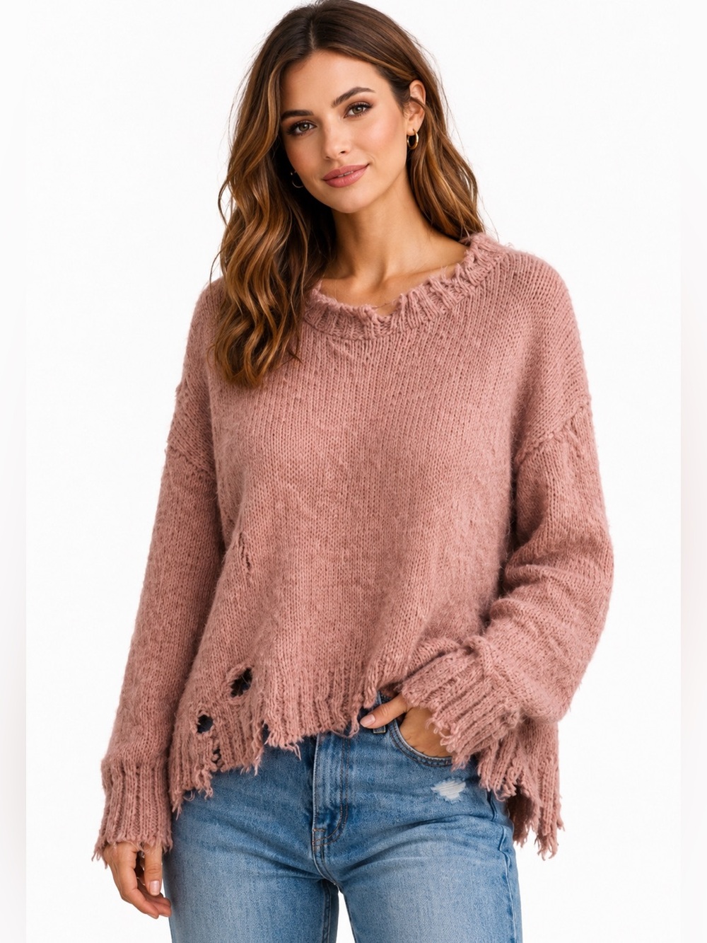 POL Blush Pink Distressed Knit Oversized Slouchy Sweater Size L